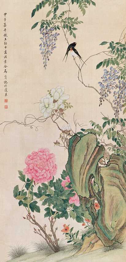 马佳同 甲子（1924年）作 花鸟 立轴